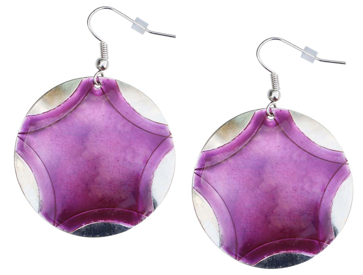 Pair of Round Hook Earrings in Brass - 2.5” Silver Purple Tone - Drop Earrings / Women Fashion Jewelry - Buy in Bulk Wholesale